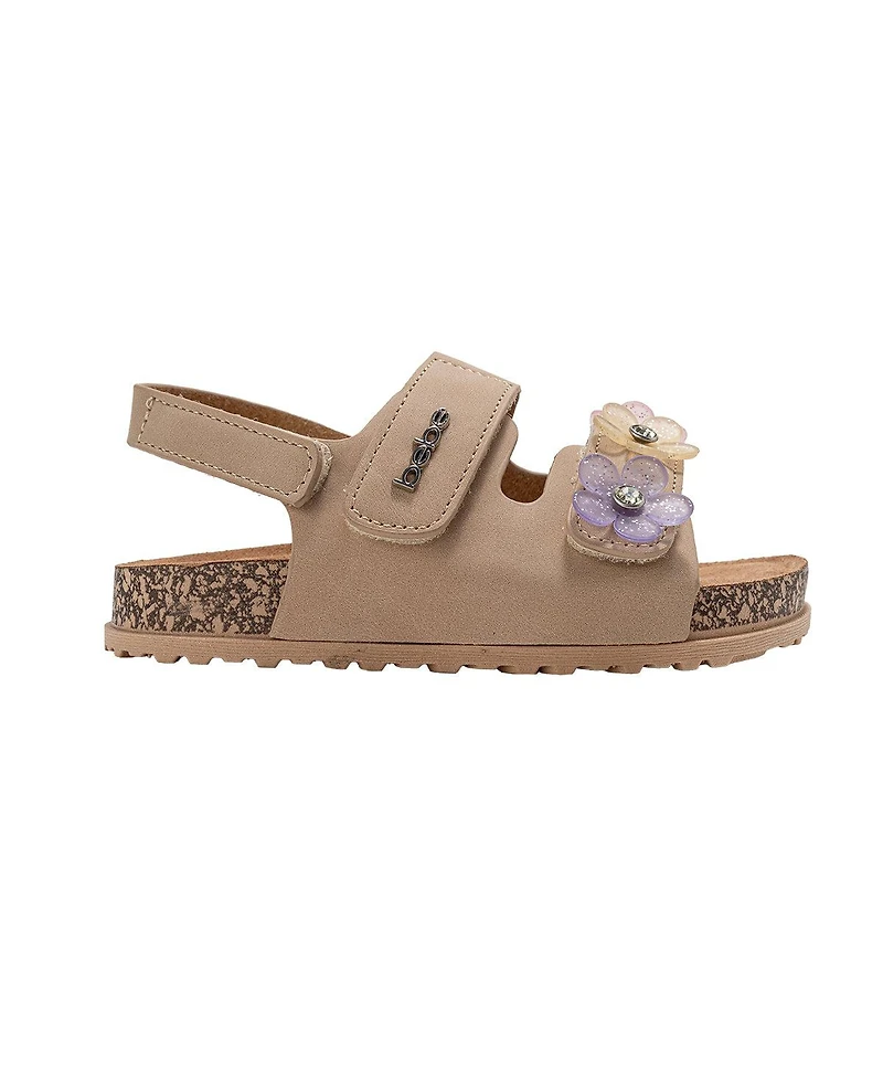 Bebe Little Girls Footbed Slide Sandals - Sparkle Finish with Glitter Flower Detail