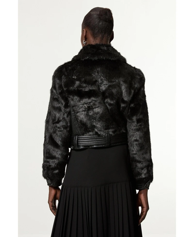 Karen Millen Women's Faux Fur Pu Panel Belted Cropped Jacket