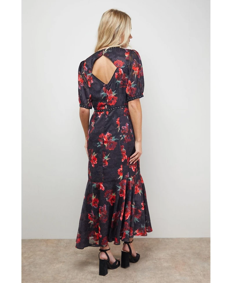 Oasis Women's Floral Stud Trim Puff Sleeve Midi Dress