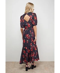 Oasis Women's Floral Stud Trim Puff Sleeve Midi Dress