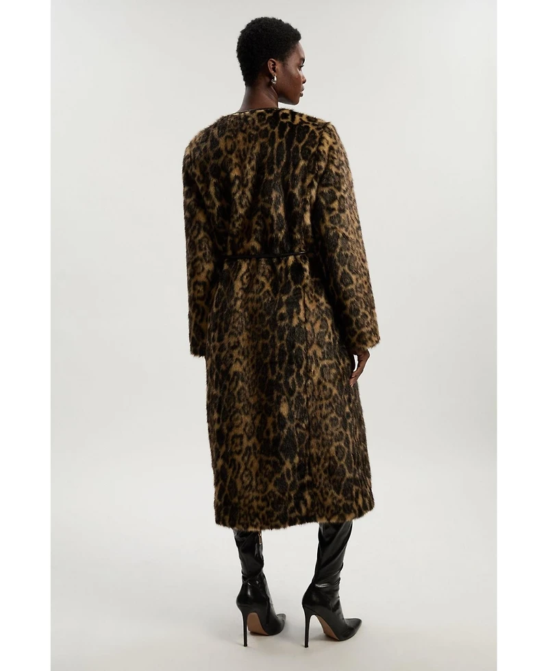 Karen Millen Women's Faux Fur Collarless Tie Belted Midi Coat