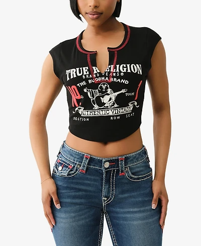 True Religion Women's Contrast Stitch Buddha V-Notch T-Shirt