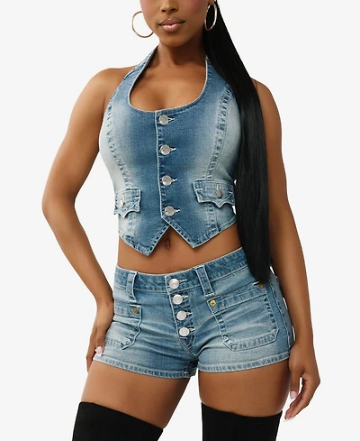 True Religion Women's Scoop Neck Denim Vest Corset Top