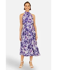 Yumi Women's Floral Halter Neck Pleated Midi Dress