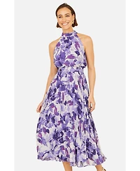 Yumi Women's Floral Halter Neck Pleated Midi Dress