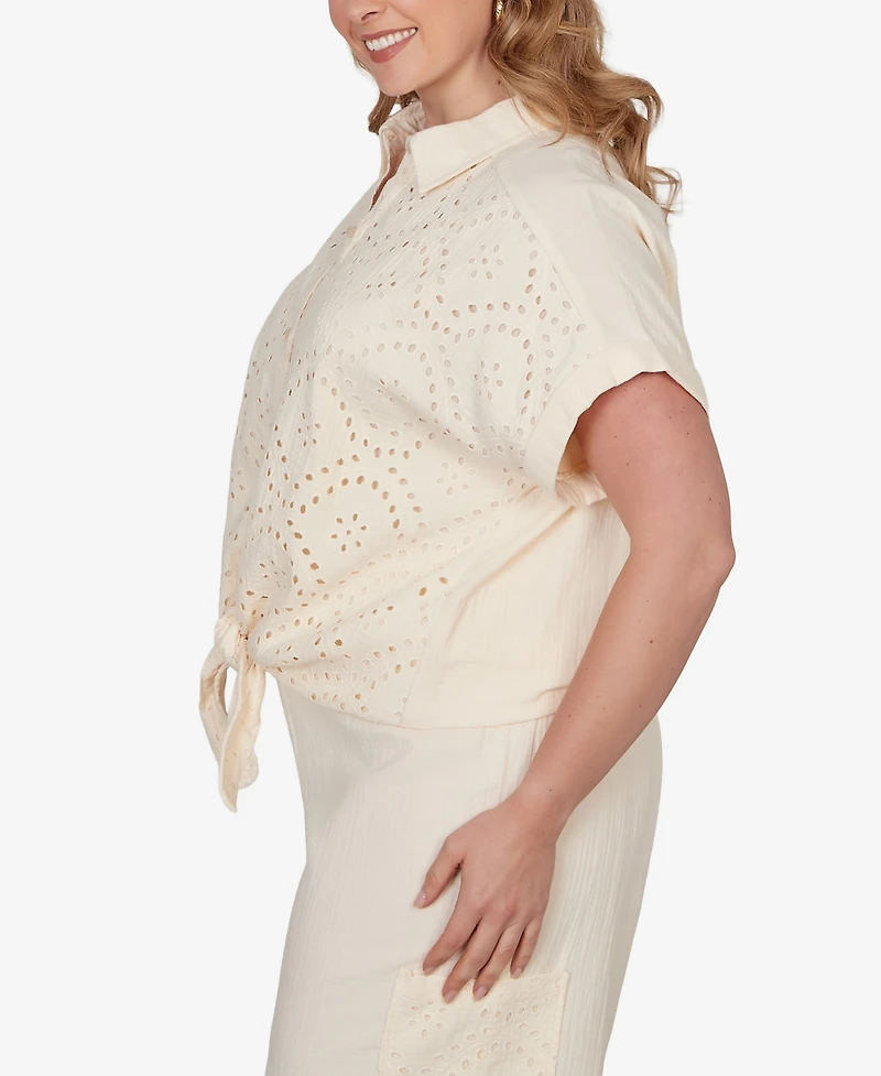 Ruby Rd. Plus Eyelet Front Gauze Tie-Front T-Shirt
