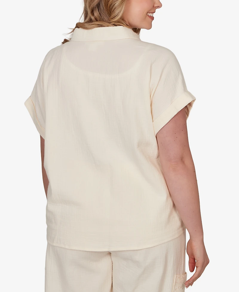 Ruby Rd. Plus Eyelet Front Gauze Tie-Front T-Shirt