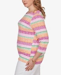 Ruby Rd. Plus Stripe Medallion Boat Neck Knit Top