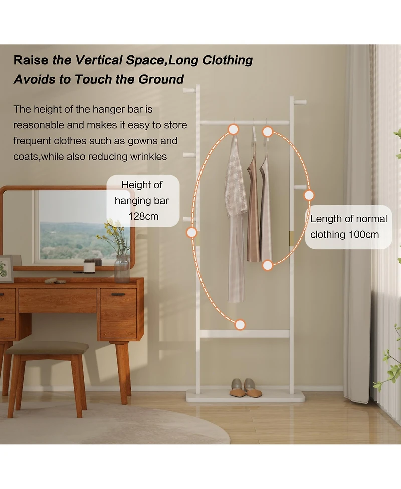Rainsken Solid Wood Coat Rack, Freestanding Clothes Organizer with Hanging Rod, Hooks, Storage Stand for Coats and Bags