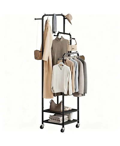 Yigii 71" Heavy Duty Metal Clothes Rack, 3-Section, 6 Hooks, 2 Shelves, Portable