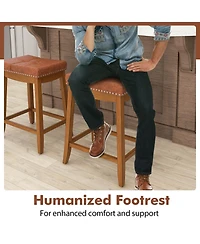 Saddle Bar Stools Set of with Pu Leather Seat Solid Rubber Wood Frame Footrest