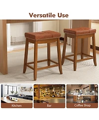 Saddle Bar Stools Set of with Pu Leather Seat Solid Rubber Wood Frame Footrest
