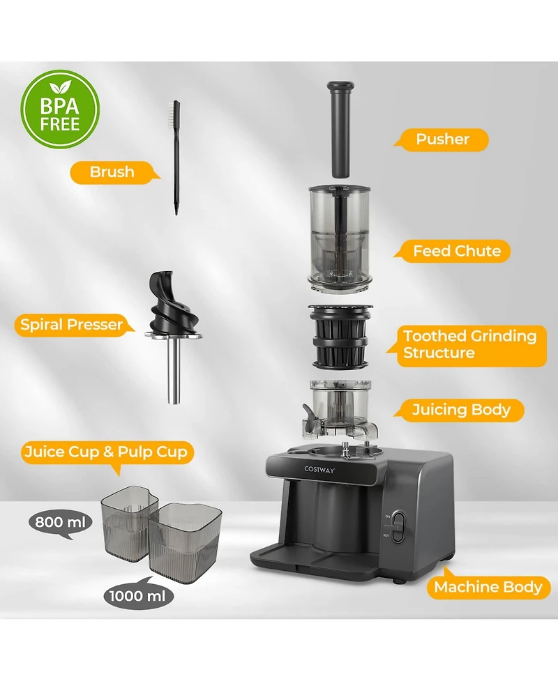 Costway Cold Press Juicer Machine Professional Slow Masticating Juicer with Reverse Button