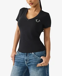 True Religion Women's Crystal Logo V-Neck T-Shirt