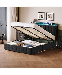 gaomon Lift Up Bed Frame with Charging Station & Led Lights,Upholstered Bed with Storage Headboard