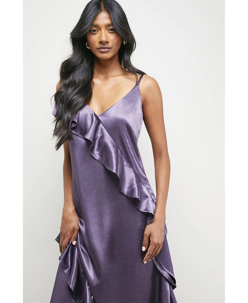 Warehouse Women's Metallic Satin Ruffle Midi Slip Dress