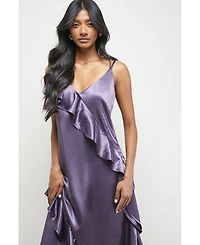 Warehouse Women's Metallic Satin Ruffle Midi Slip Dress