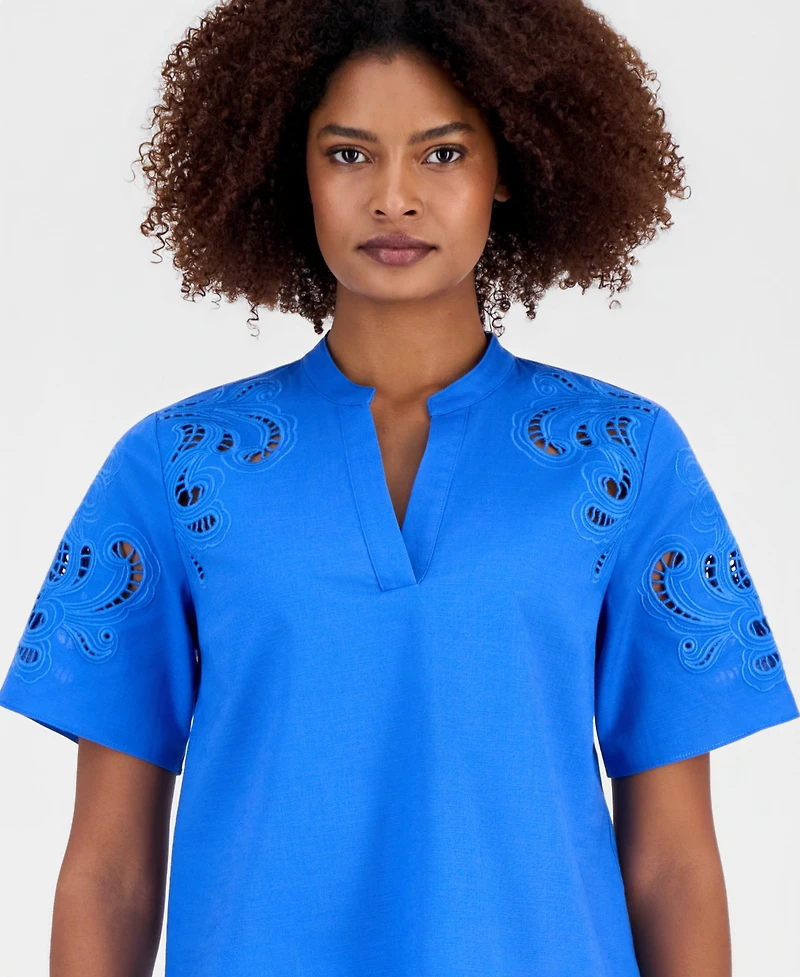 T Tahari Women's Embroidered Short-Sleeve Top