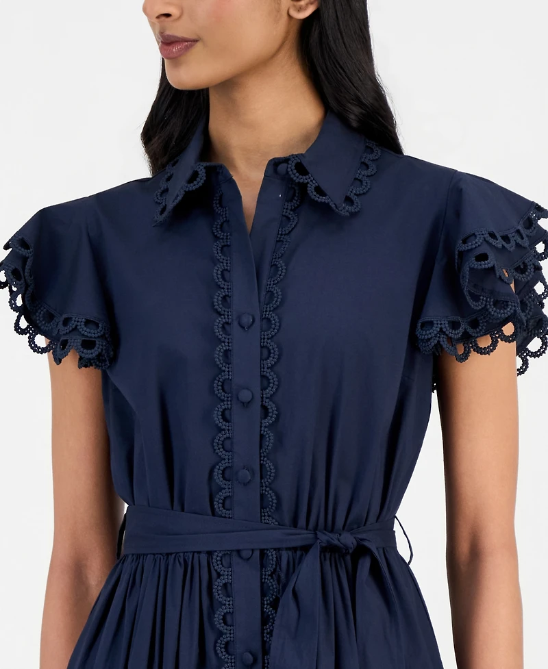 T Tahari Women's Lace-Trim Flutter-Sleeve Shirtdress