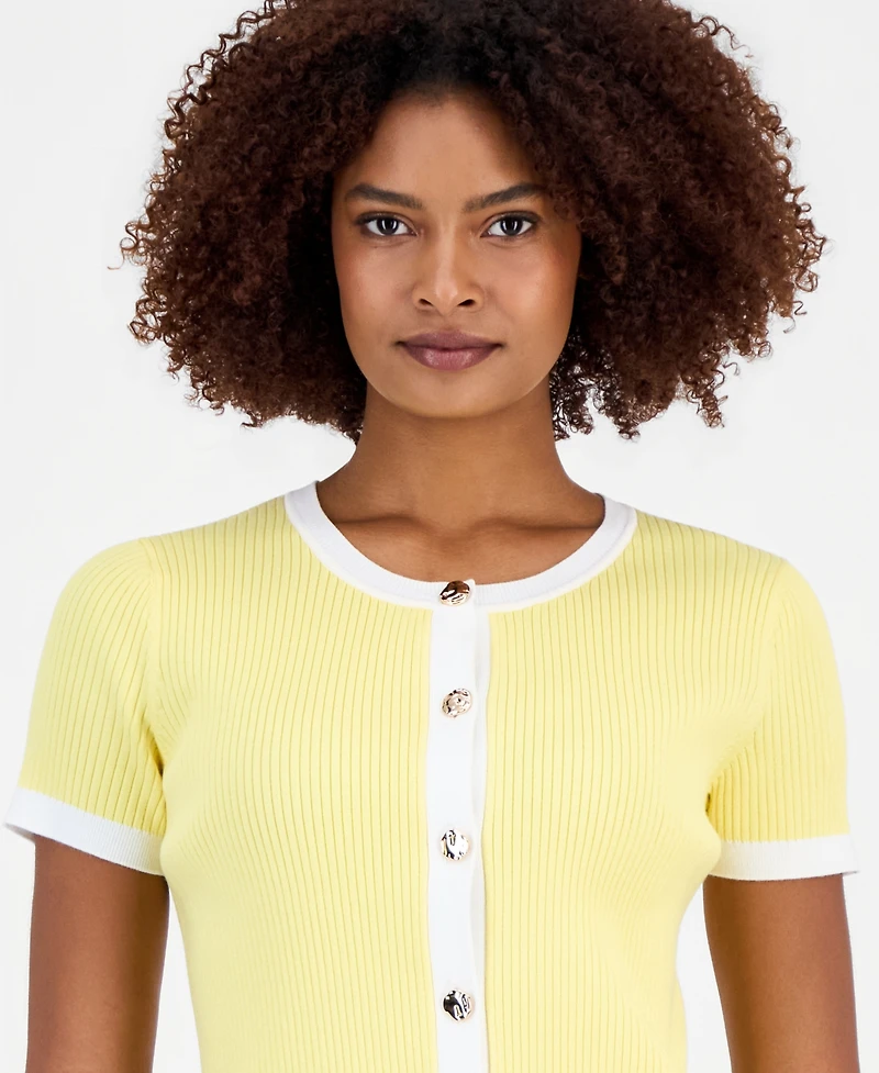 T Tahari Women's Ribbed Short-Sleeve Cardigan Sweater