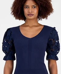 T Tahari Women's V-Neck Lace-Sleeve Ribbed-Knit Top