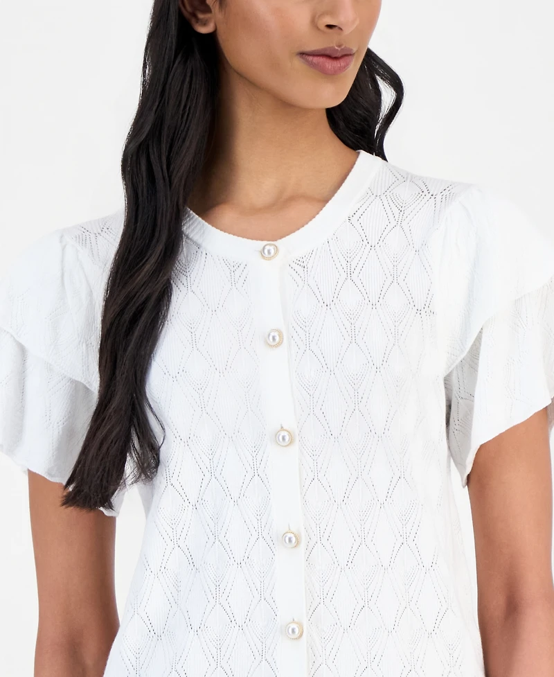 T Tahari Women's Pointelle Flutter-Sleeve Cardigan Sweater