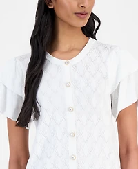 T Tahari Women's Pointelle Flutter-Sleeve Cardigan Sweater