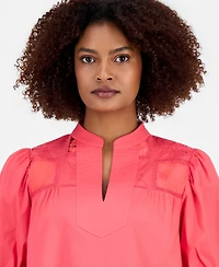 T Tahari Women's Split-Neck Lace-Yoke Puff-Sleeve Top