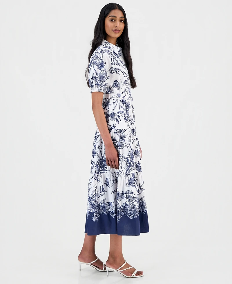 T Tahari Women's Printed Puff-Sleeve Shirtdress
