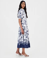 T Tahari Women's Printed Puff-Sleeve Shirtdress