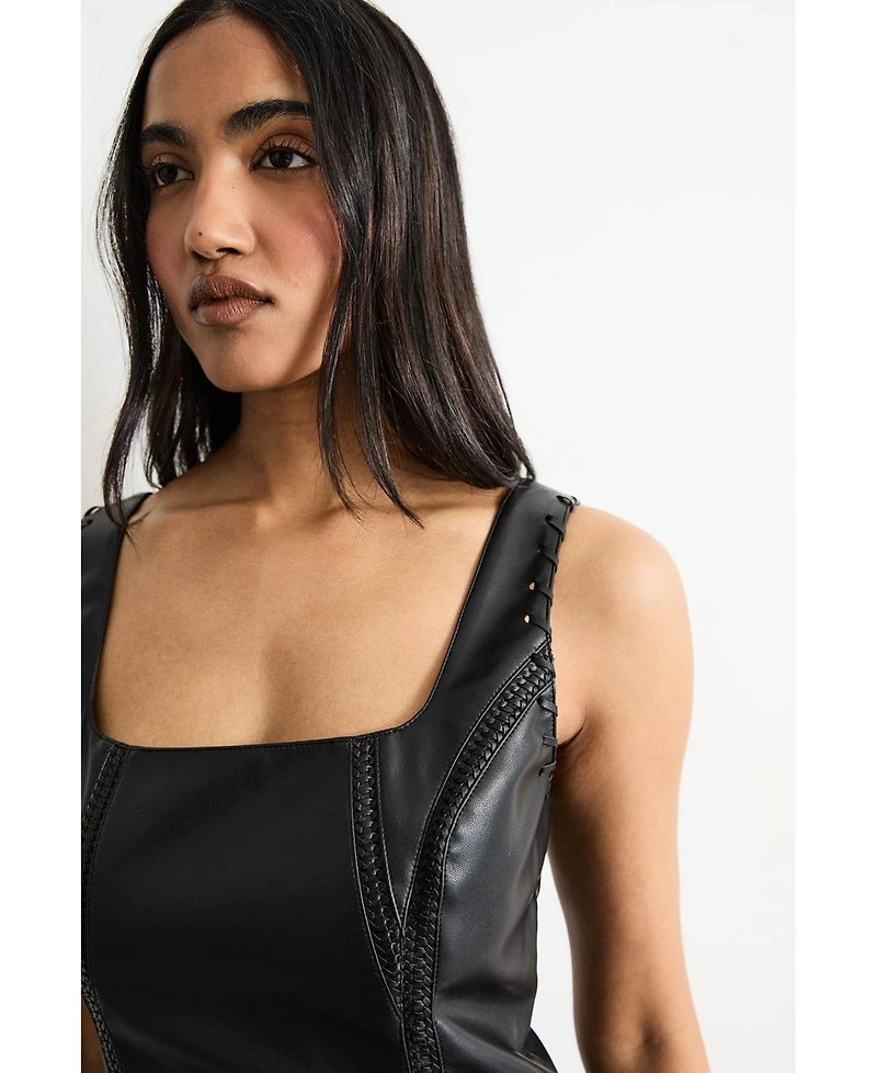 Warehouse Women's Faux Leather Whipstitch Trim Midi Dress