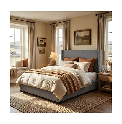 gaomon Corduroy Wingback Upholstered Platform Bed Frame with Storage Drawers, Wood Slat Support