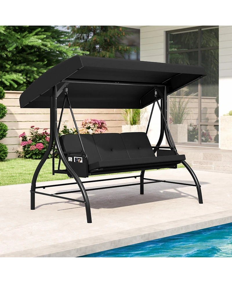 Mecale 3-Piece Patio Swing with Canopy, Removable Cushions & Side Pockets