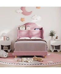 gaomon Wingback Velvet Platform Bed with Led Lights, Upholstered Storage Headboard, Wooden Slats Support