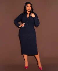 Buxom Couture Plus Tech Knit Bodycon Ruched Shirt Dress