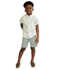 Calvin Klein Boys' Toddler 2T-4T Striped Short-Sleeve Shirt and Twill Shorts, 2-Piece Set