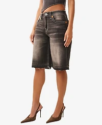 True Religion Women's Baggy Denim Big T Flap Jort Shorts