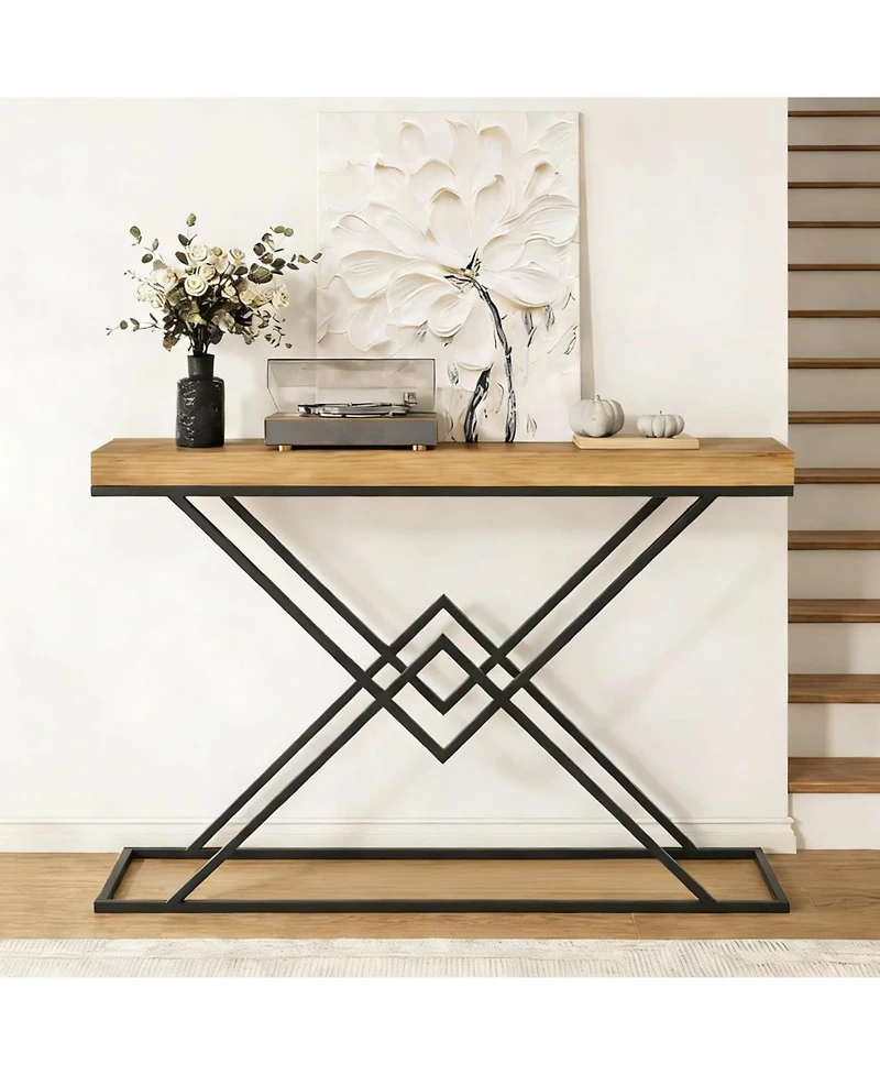 Tribesigns Solid Wood Console Table, 47.2" Industrial Entryway Table with Geometric Metal Frame