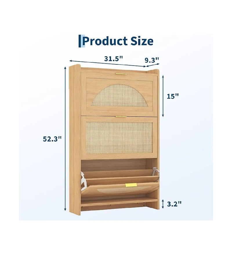 gaomon Shoe Cabinet with 3 Flip Drawer, Shoe Storage Cabinet with Narrow Rattan Weave Shoe Cabinet for Entryway, Farmhouse Style Shoe Organizer