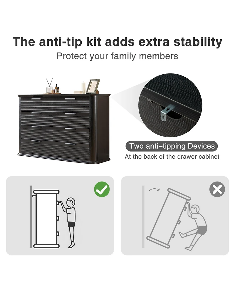 Rainsken Fluted 8 Drawer Dresser, Modern Wood Chest of Drawers with Curved Profile Design, Storage Organizer for Bedroom and Living Room