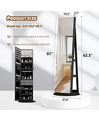 Rainsken 360° Swivel Lockable Rattan Jewelry Cabinet with Full Length Mirror and Display Shelves