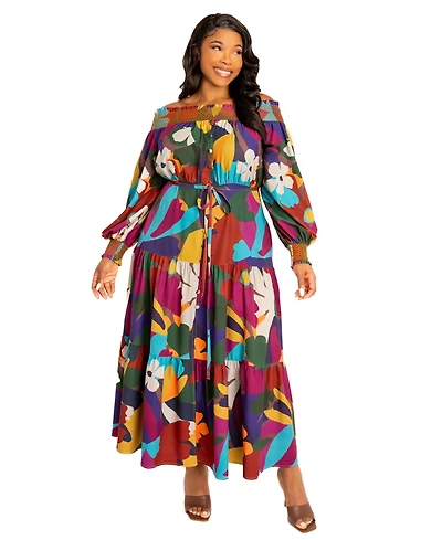 Buxom Couture Plus Floral Smocked Off Shoulder Dress