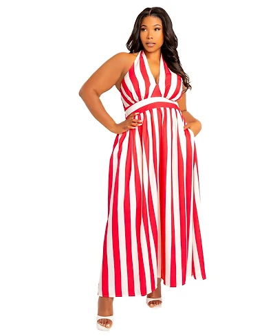 Buxom Couture Plus Size Stripe Halter Neck Maxi Dress