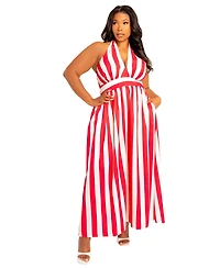 Buxom Couture Plus Size Stripe Halter Neck Maxi Dress