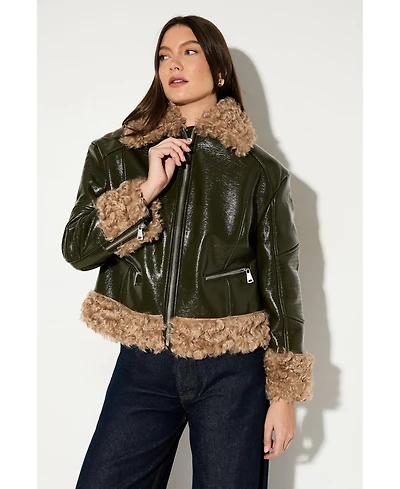 MissPap Women's Premium Faux Fur Collar Aviator Jacket