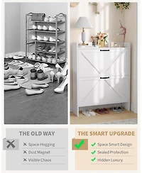 gaomon Shoe Storage Cabinet with 2 Flip Drawers, Freestanding Shoe Organizer with Wooden Legs for Entryway, Farmhouse Slim Shoe Storage Cabinet, Black