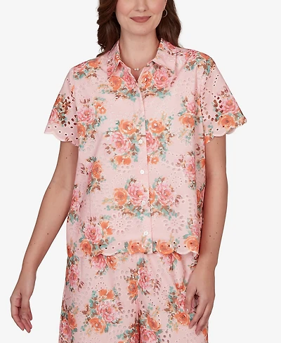 Ruby Rd. Petite Floral Scalloped Hem Camp Shirt
