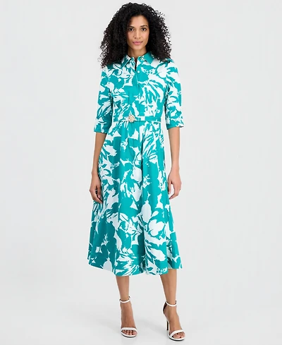 Anne Klein Women's Elbow-Sleeve Waist Tuck Midi Shirtdress