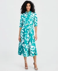 Anne Klein Womens Elbow Sleeve Waist Tuck Midi Shirtdress