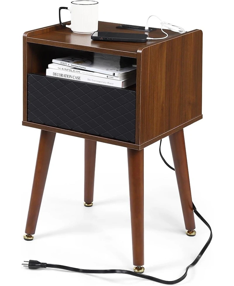 gaomon Mid Century Modern Wood Nightstand Side Table with Charging Station and Drawer
